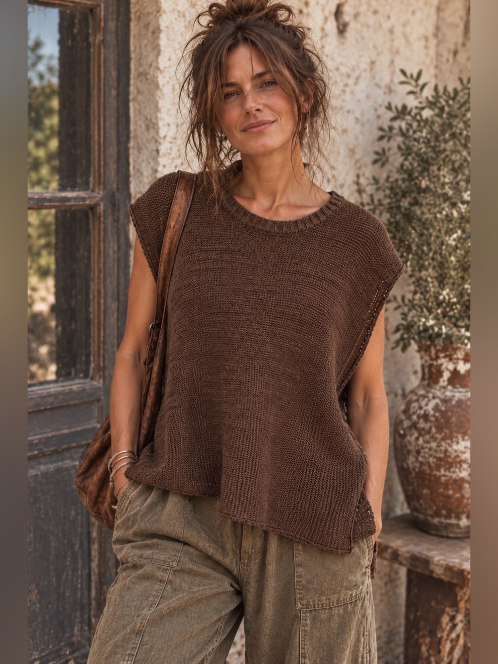 Zenana Chocolate Brown Open Knit Sweater Vest Fall Layering Top Medium